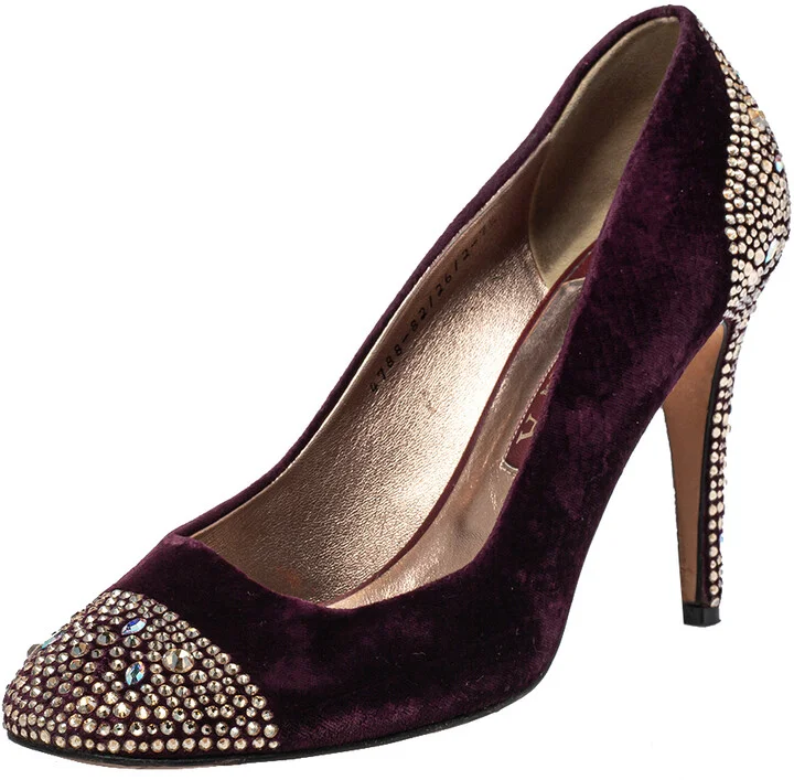Gina Purple Velvet Crystal Embellishment Platform Pumps Size 40.5