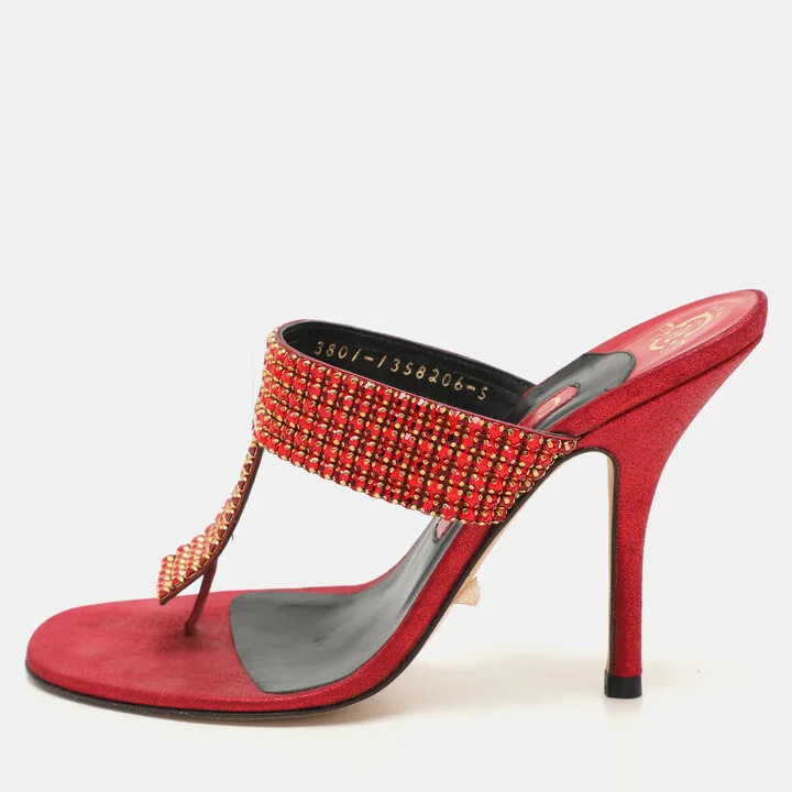 Gina Red Crystals Embellished Thong Slides Sandals Size 38