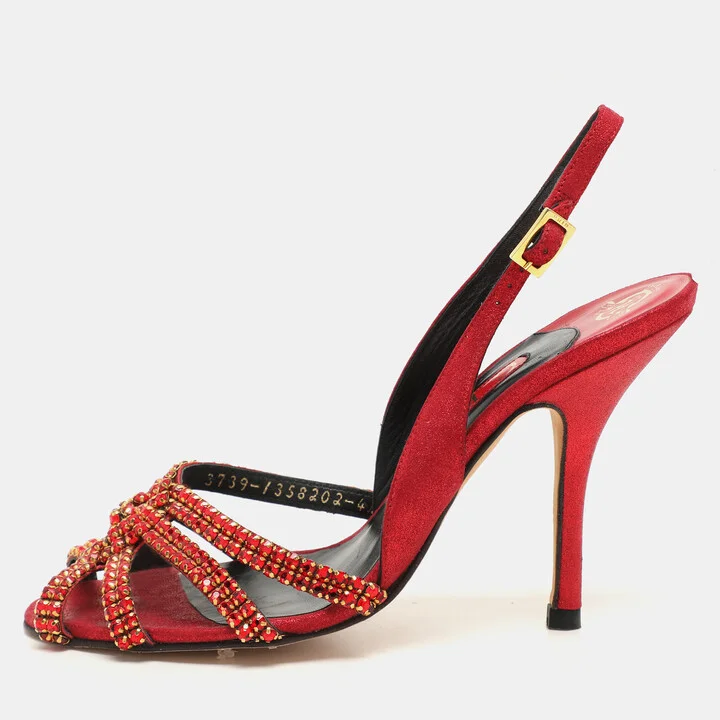 Gina Red Glitter Leather Crystal Embellished Slingback Sandals Size 37.5