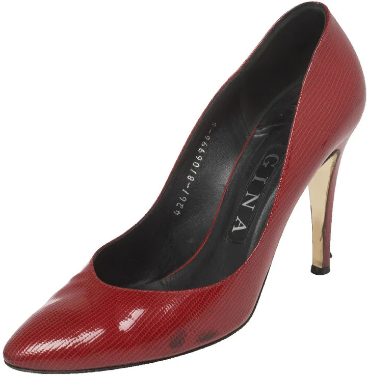 Gina Red Glossy Lizard Embossed Leather Pointed Toe Pumps Size 38