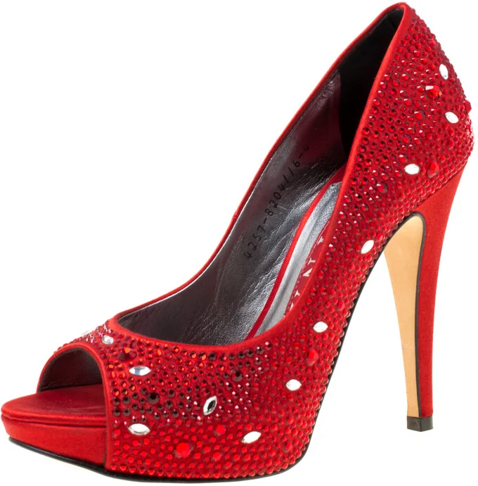 Gina Red Satin Crystal Embellished Peep Toe Platform Pumps Size 37