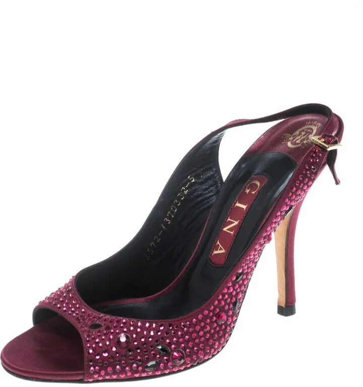 Gina Red Satin Crystal Embellished Peep Toe Slingback Sandals Size 38