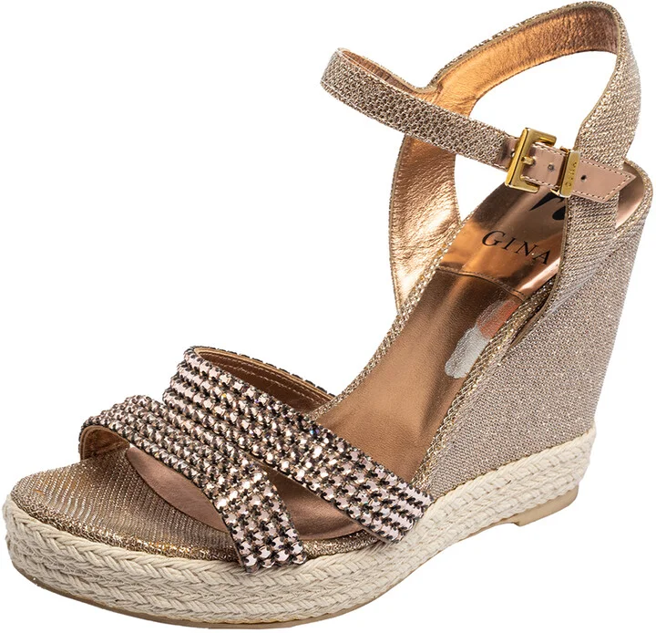 Gina Rose Gold Glitter and Crystal-Embellished Leather Espadrille Platform Wedge Sandals Size 40