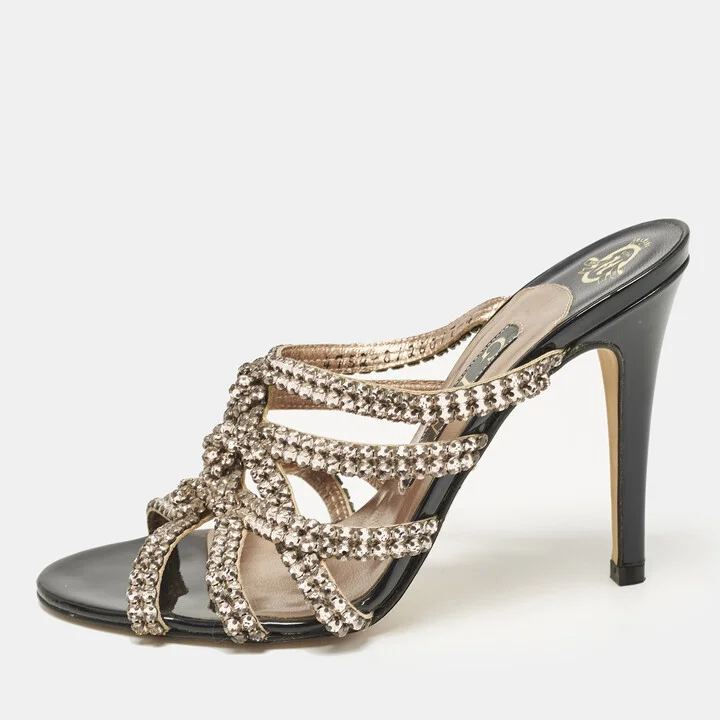 Gina Rose Gold Leather Crystal Embellished Slide Sandals Size 37
