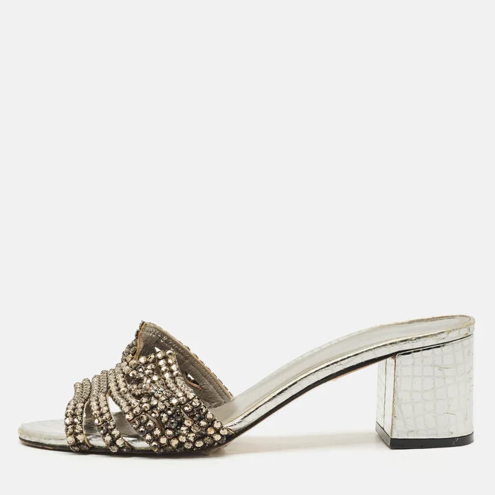 Gina Silver Croc Embossed Leather Crystal Embellished Slide Sandals Size 38.5