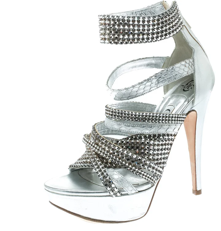 Gina Silver Crystal Embellished Leather and Python Strappy Platform Sandals Size 37
