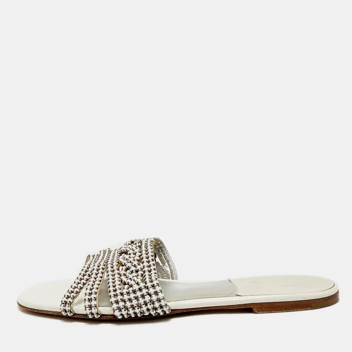 Gina Silver Leather Crystal Embellished Leather Loren Flat Sandals Size 39.5