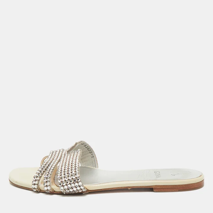 Gina Silver Leather Crystal Embellished Leather Loren Flat Sandals Size 41