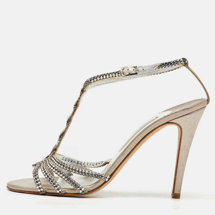 Gina Silver Leather Crystal Embellished T-Strap Sandals Size 40
