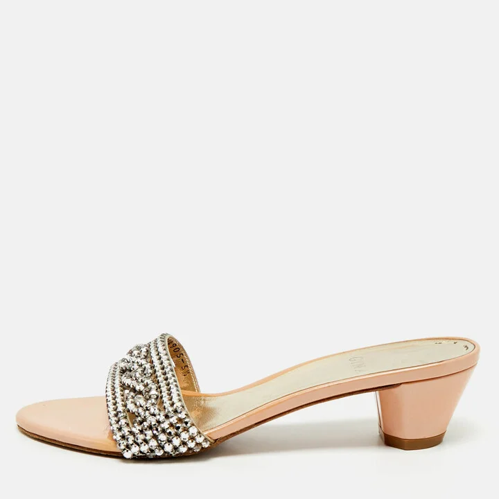 Gina Silver Patent Leather Crystal Embellished Slide Sandals Size 38.5