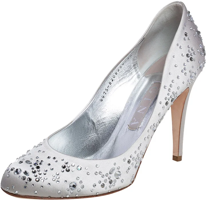 Gina Silver Satin Audrey Crystal Embellished Pumps Size 40.5