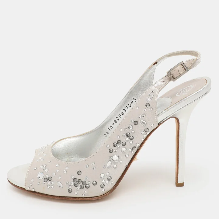 Gina Silver Satin Crystal Embellished Peep Toe Slingback Pumps Size 38