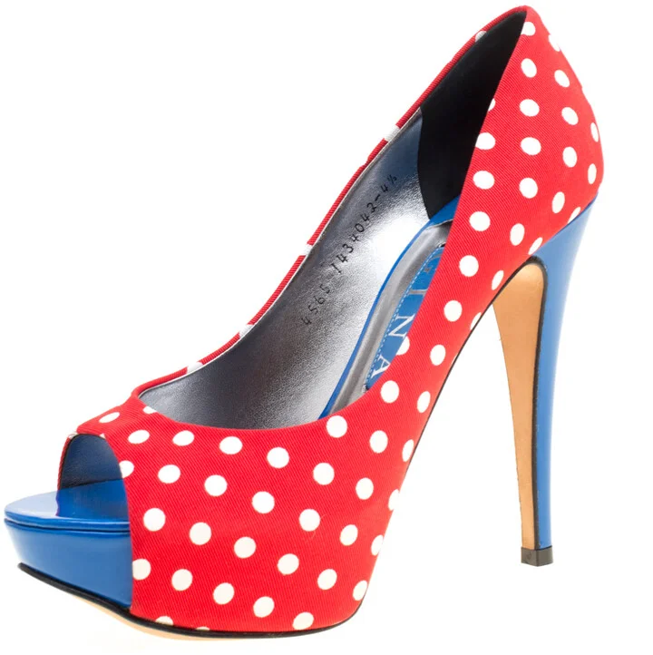 Gina Tricolor Polka Dot Print Canvas Peep Toe Platform Pumps Size 37.5