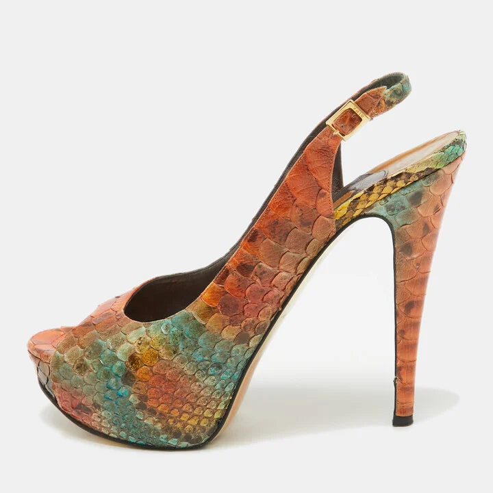 Gina Tricolor Python Open Toe Platform Slingback Pumps Size 40.5