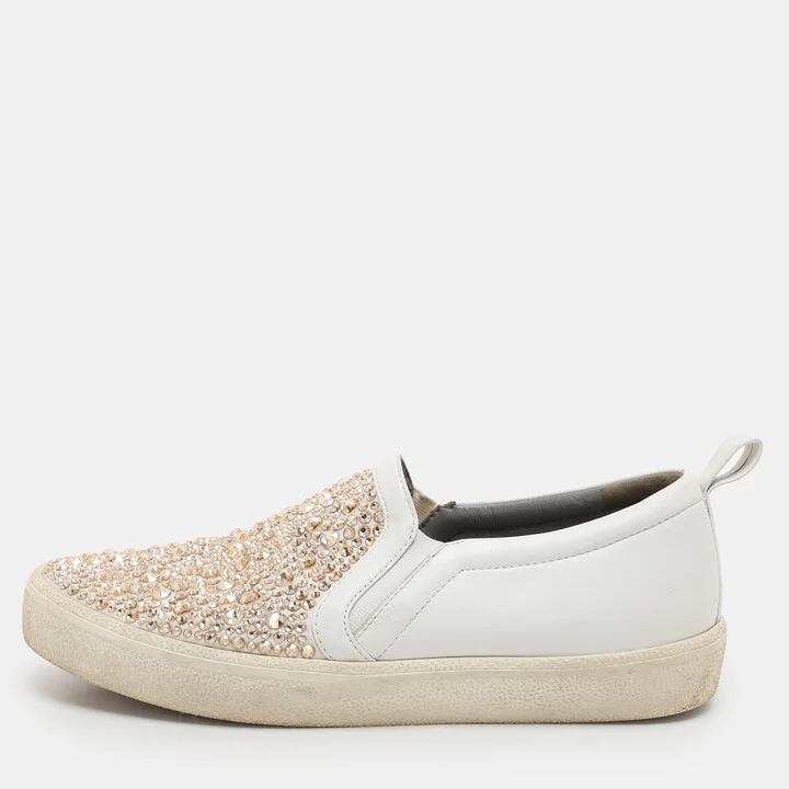 Gina White/Beige Leather and Satin Crystal Embellished Slip On Sneakers Size 38