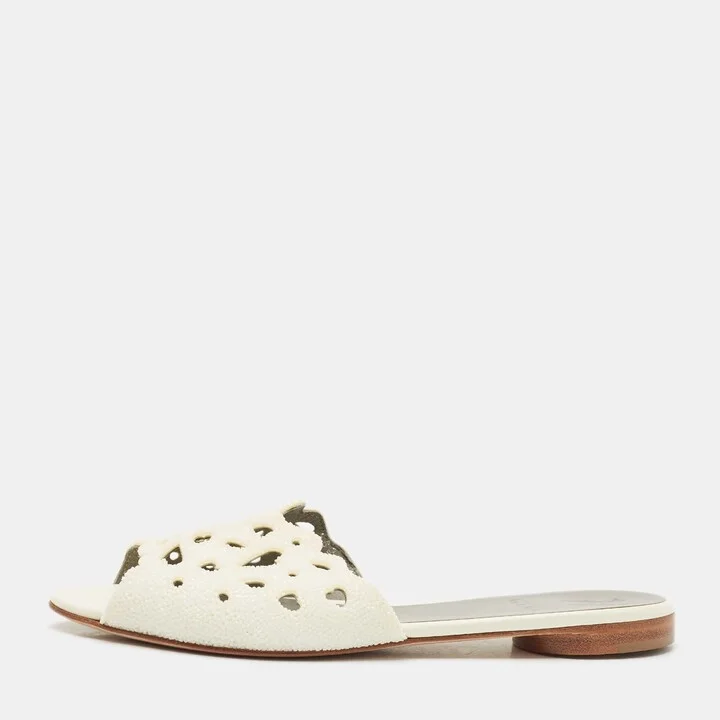 Gina White Cutout Leather and Stones Slide Flat Size 38.5