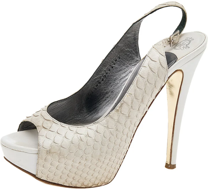 Gina White Python Leather Peep Toe Platform Slingback Sandals Size 38