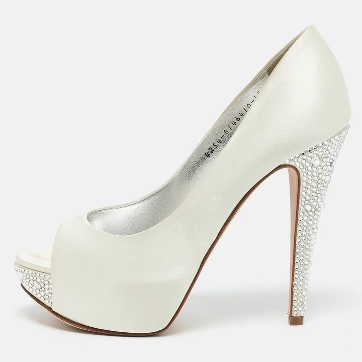 Gina White Satin Jenna Crystal Embellished Heel Open Toe Platform Pumps Size 39.5