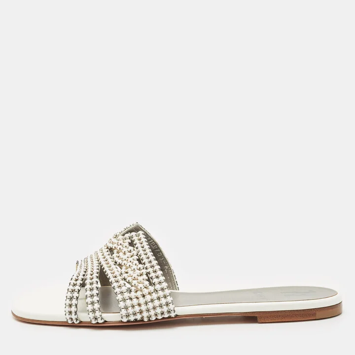 Gina White/Silver Leather Crystal Embellished Loren Flat Slides Size 39