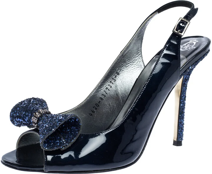 Gine Blue Patent Leather And Glitter Bow Embellished Slingback Open Toe Sandals Size 41