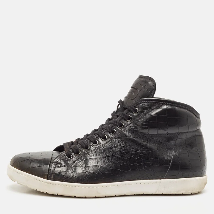 Giorgio Armani Black Croc Embossed Leather Lace Up Sneakers Size 43