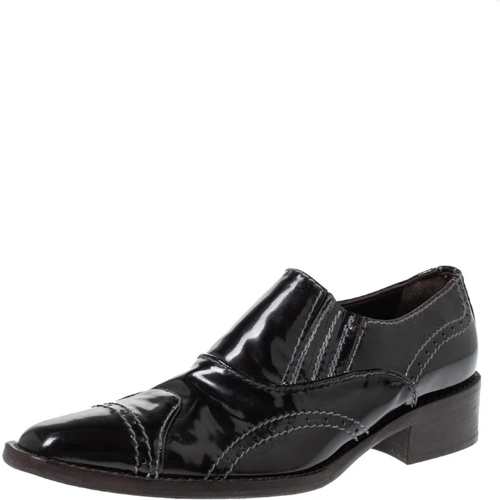 Giorgio Armani Black Patent Leather Stitch Detailed Slip On Loafer Size 38.5