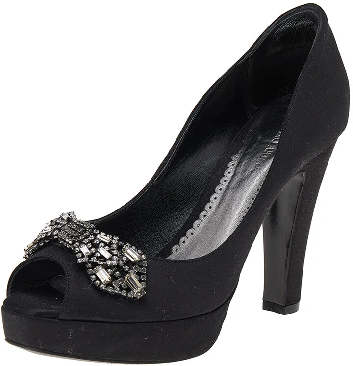 Giorgio Armani Black Satin Crystal Embellished Peep Toe Platform Pumps Size 36