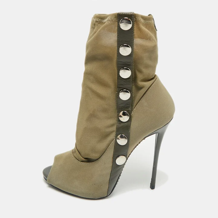 Giuseppe Zanotti Army Green Canvas and Mesh Peep Toe Booties Size 39