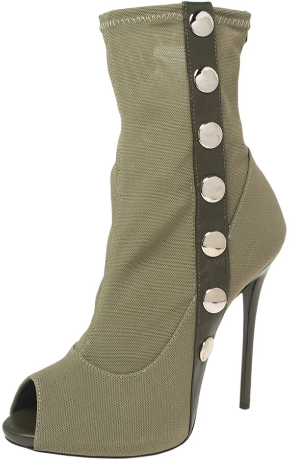 Giuseppe Zanotti Army Green Canvas and Studded Leather Peep-Toe Ankle Boots Size 37