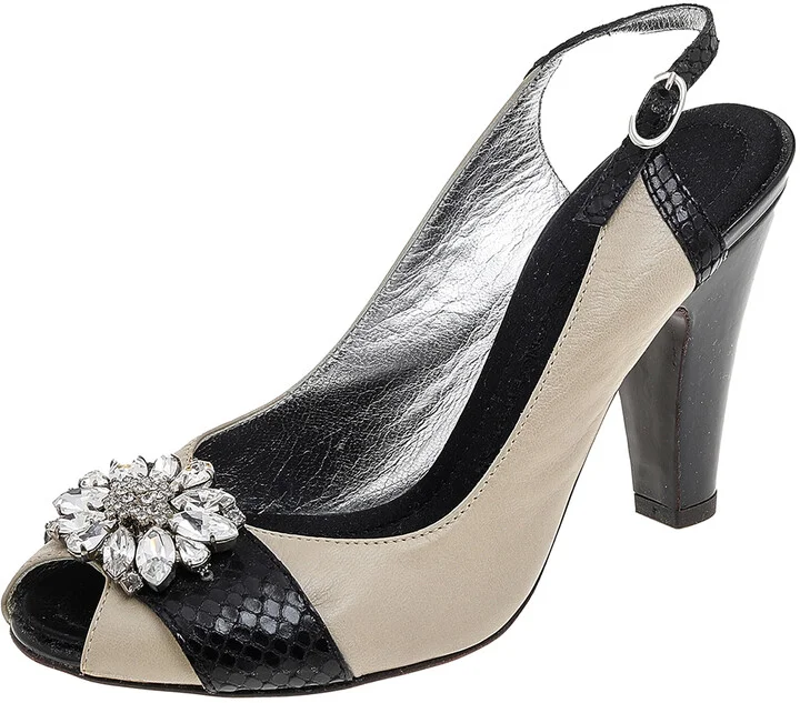 Giuseppe Zanotti Beige/Black Leather And Python Embossed Leather Embellished Slingback Sandals Size 37.5