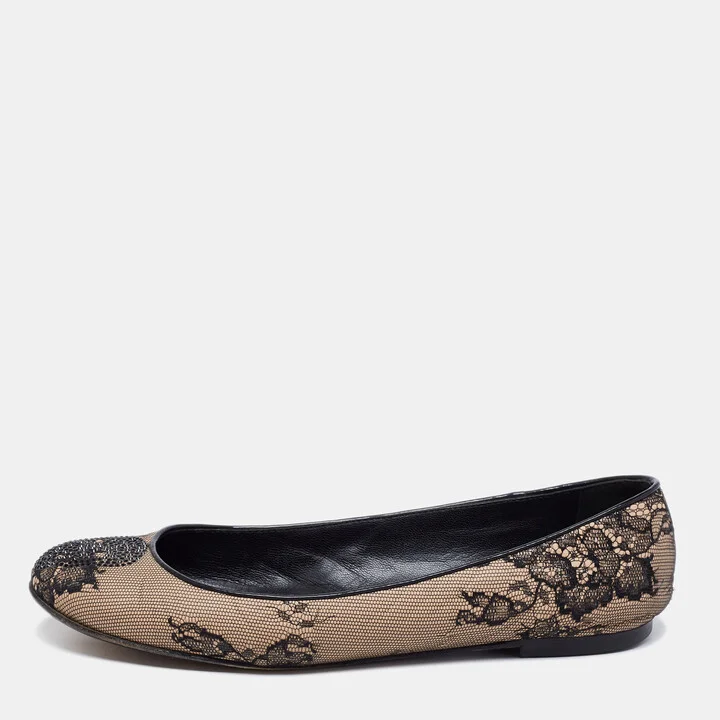 Giuseppe Zanotti Beige/Black Mesh and Leather Embellished Ballet Flats Size 37