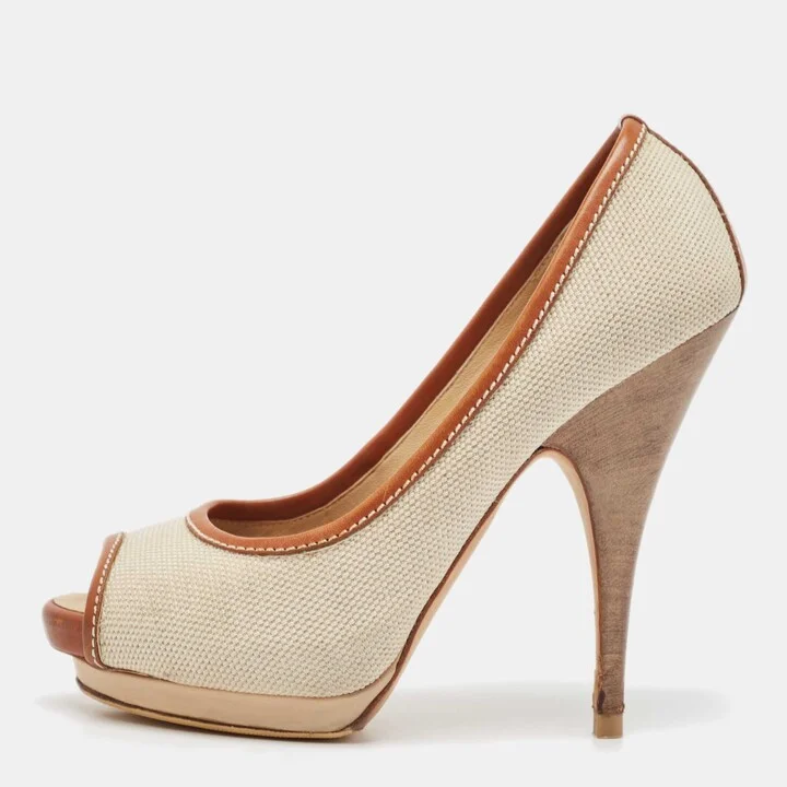 Giuseppe Zanotti Beige/Brown Canvas Peep Toe Platform Pumps Size 37