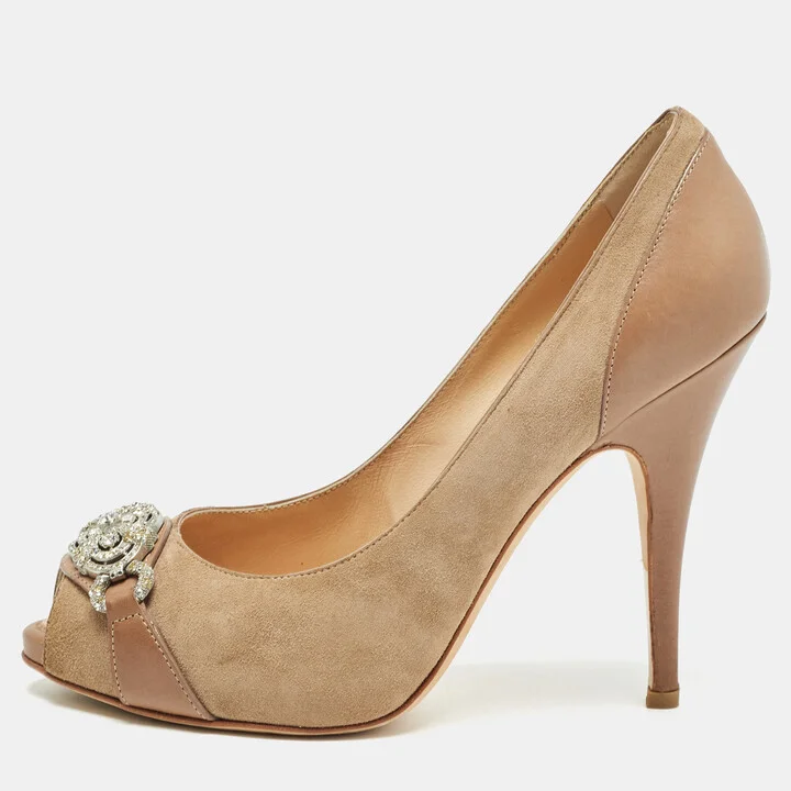 Giuseppe Zanotti Beige/Brown Leather and Suede Peep Toe Pumps Size 39