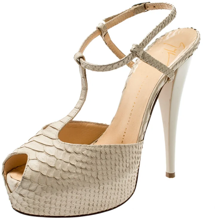 Giuseppe Zanotti Beige Python Embossed Leather T Strap Platform Sandals Size 39