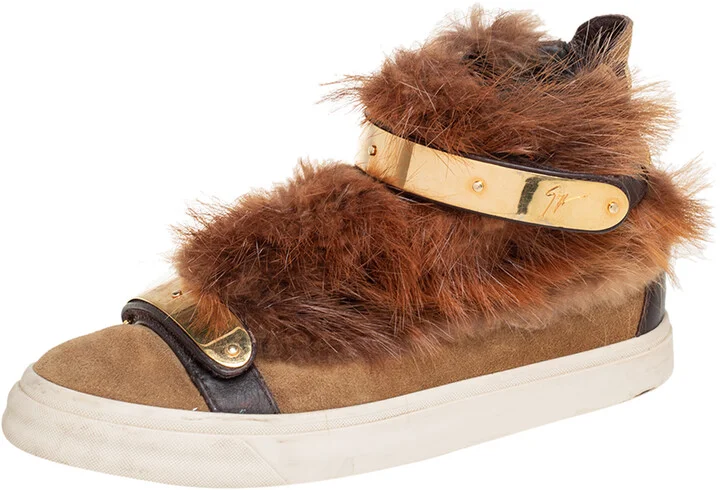 Giuseppe Zanotti Beige Suede And Fur Trim High Top Sneakers Size 38