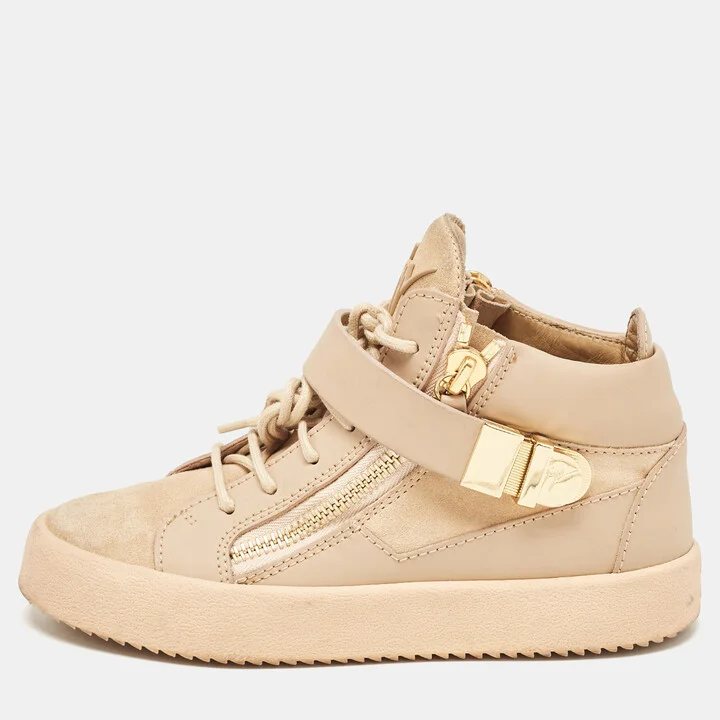 Giuseppe Zanotti Beige Suede and Leather Double Zipper High Top Sneakers Size 37
