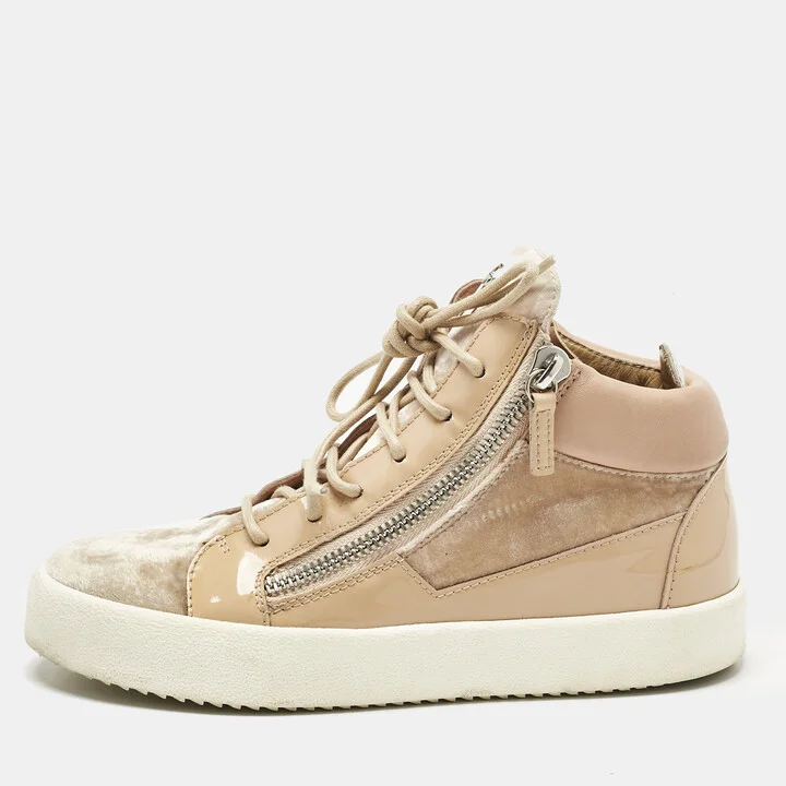 Giuseppe Zanotti Beige Velvet and Patent Frankie High Top Sneakers Size 39