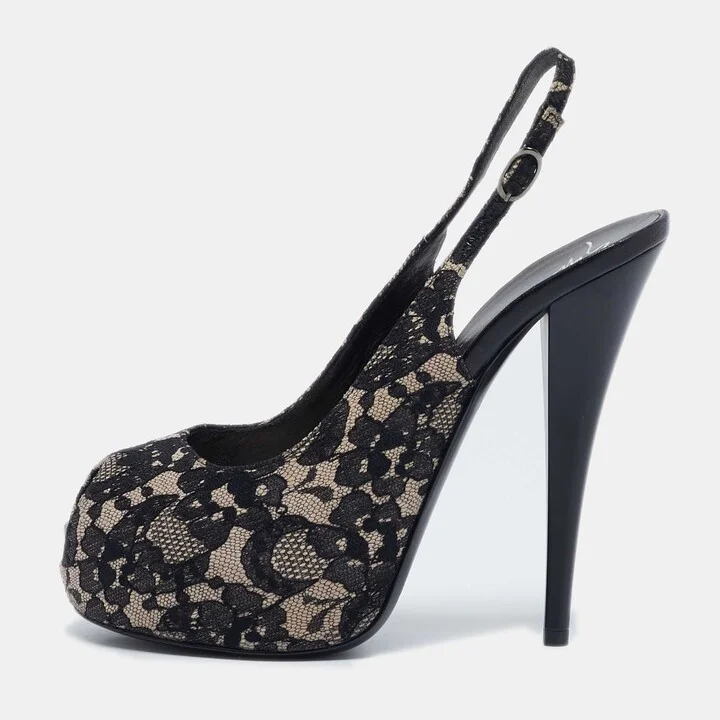 Giuseppe Zanotti Black/Beige Lace Peep Toe Slingback Platform Sandals Size 39