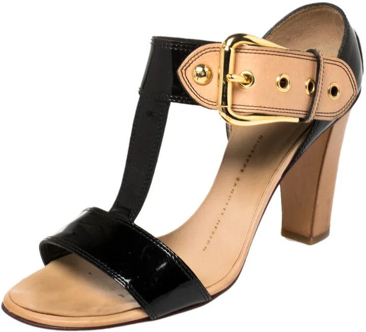 Giuseppe Zanotti Black/ Beige Patent Leather T Strap Ankle Strap Sandals Size 38