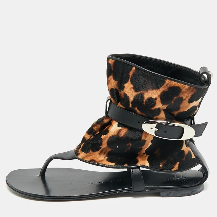 Giuseppe Zanotti Black/Brown Leather and Leopard Print Hair On Buckle Detail Flat Sandals Size 37