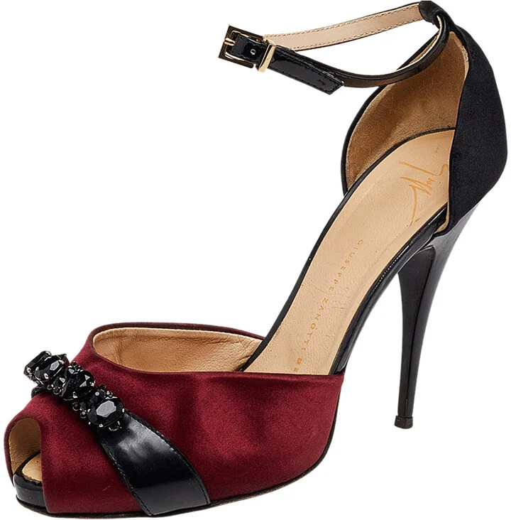 Giuseppe Zanotti Black/Burgundy Satin And Leather Slingback Sandals Size 38