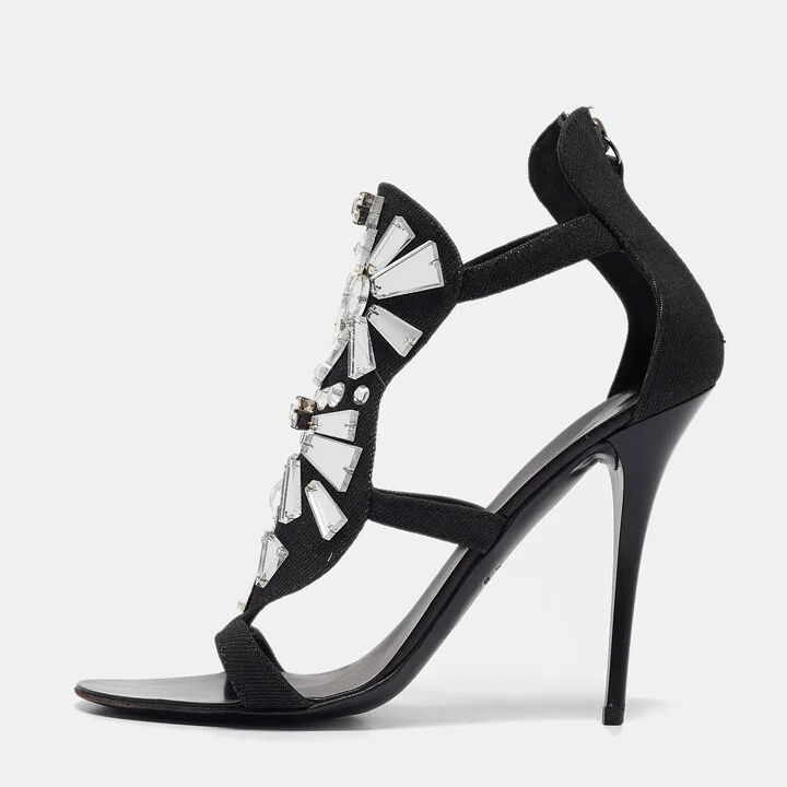Giuseppe Zanotti Black Canvas Mirror Embellished Sandals Size 38