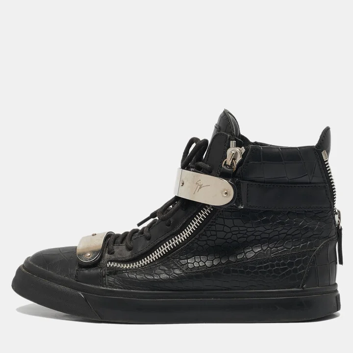 Giuseppe Zanotti Black Croc Embossed Patent Leather Double Zip High Top Sneakers Size 40