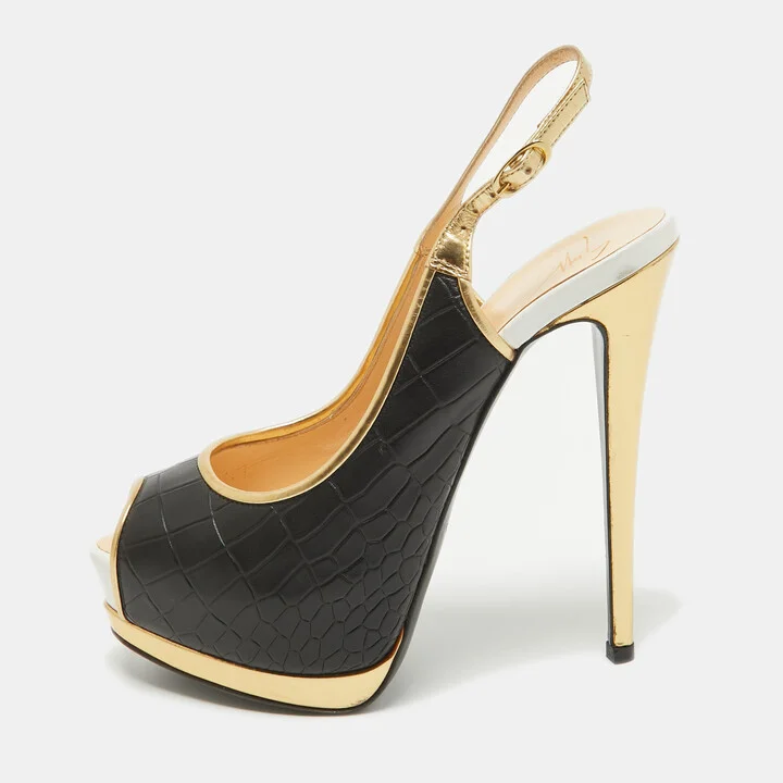 Giuseppe Zanotti Black Croc Embossed Peep Toe Pumps Size 38