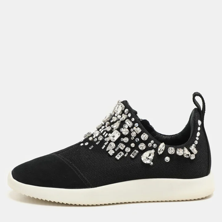 Giuseppe Zanotti Black Crystal Embellished Suede And Mesh May London Slip On Sneakers Size 36