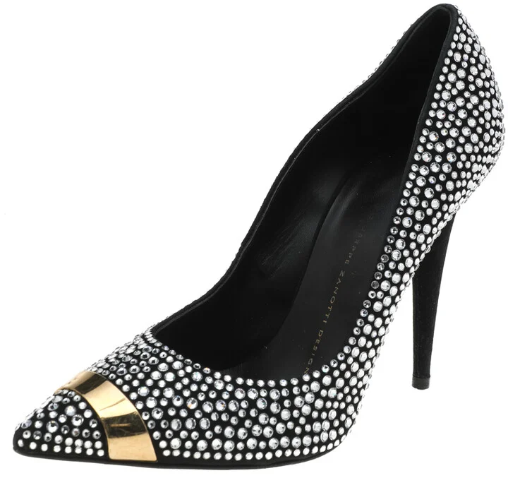 Giuseppe Zanotti Black Crystal Embellished Suede Ester Pointed Toe Pumps Size 38