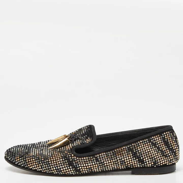 Giuseppe Zanotti Black Crystal Embellished Suede Shark Tooth Smoking Slippers Size 38.5