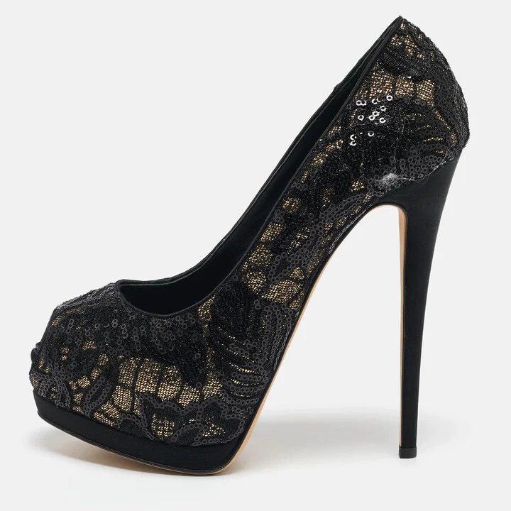 Giuseppe Zanotti Black Glitter and Sequins Peep Toe Pumps Size 39.5