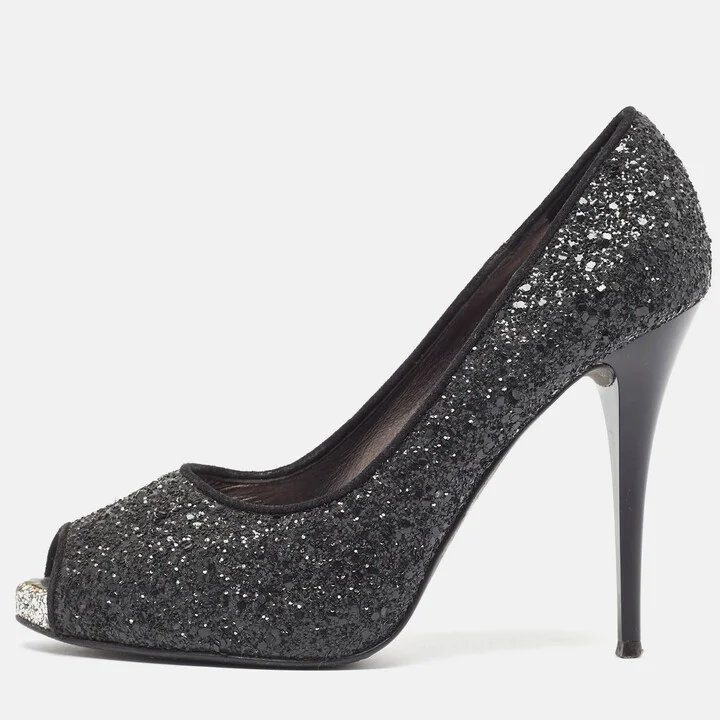 Giuseppe Zanotti Black Glitter Platform Peep Toe Pumps Size 37.5