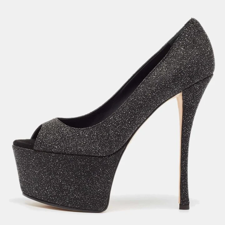 Giuseppe Zanotti Black Glitter Suede Platform Peep Toe Pumps Size 39.5